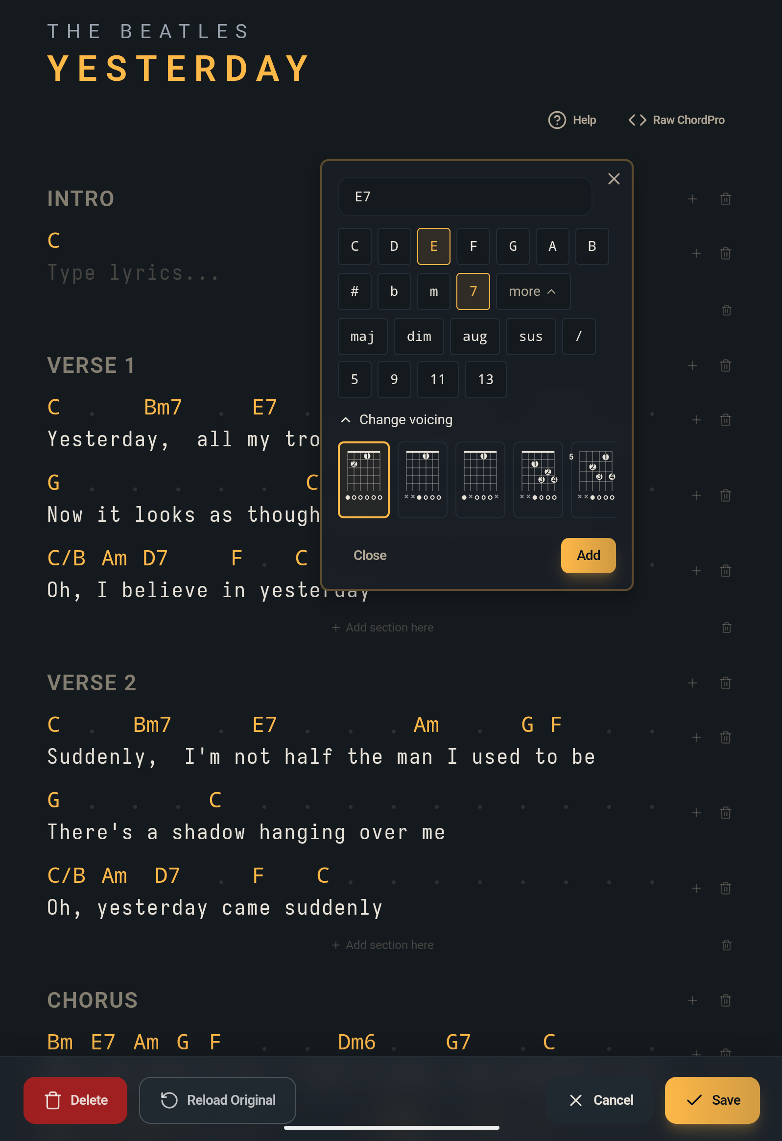 ChordPrompter Song Editor screen
