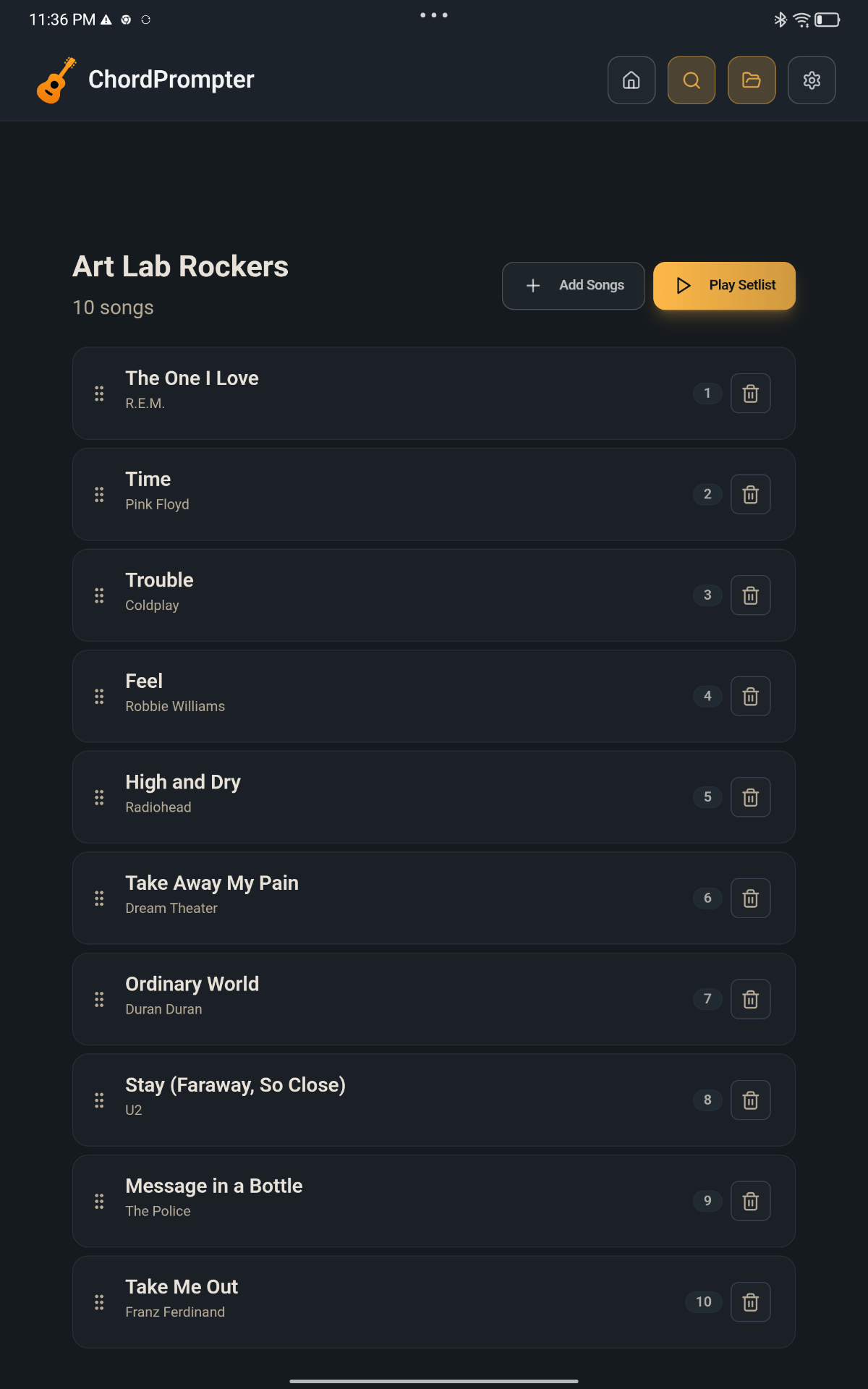ChordPrompter Setlist Manager screen